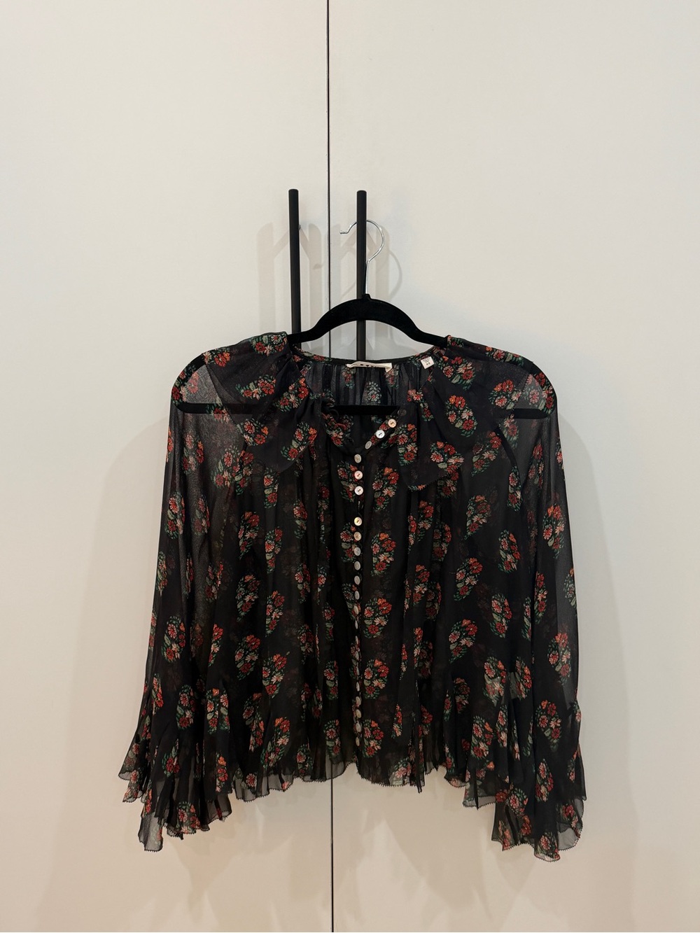 DOEN Sheer Black Floral Button-Front Blouse XS